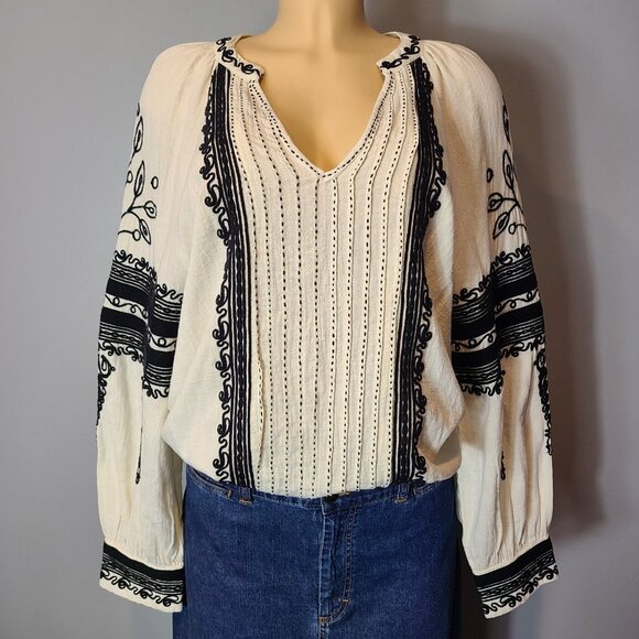 Sundance Tops - Sundance Cream Blouse with Black Embroidered Trim